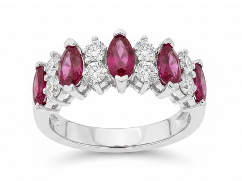 After: clean white-background studio image of the same ruby and diamond ring, created by AI