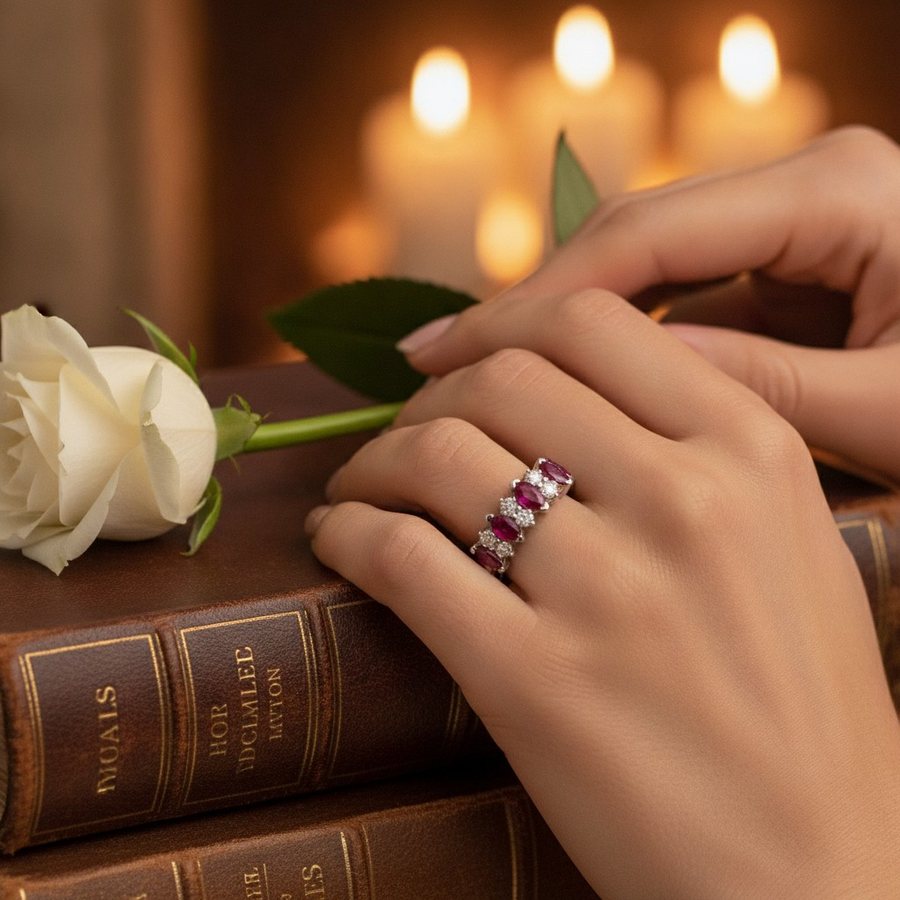 AI-styled scene: the ruby ring on a hand resting on leather books with a white rose and candles